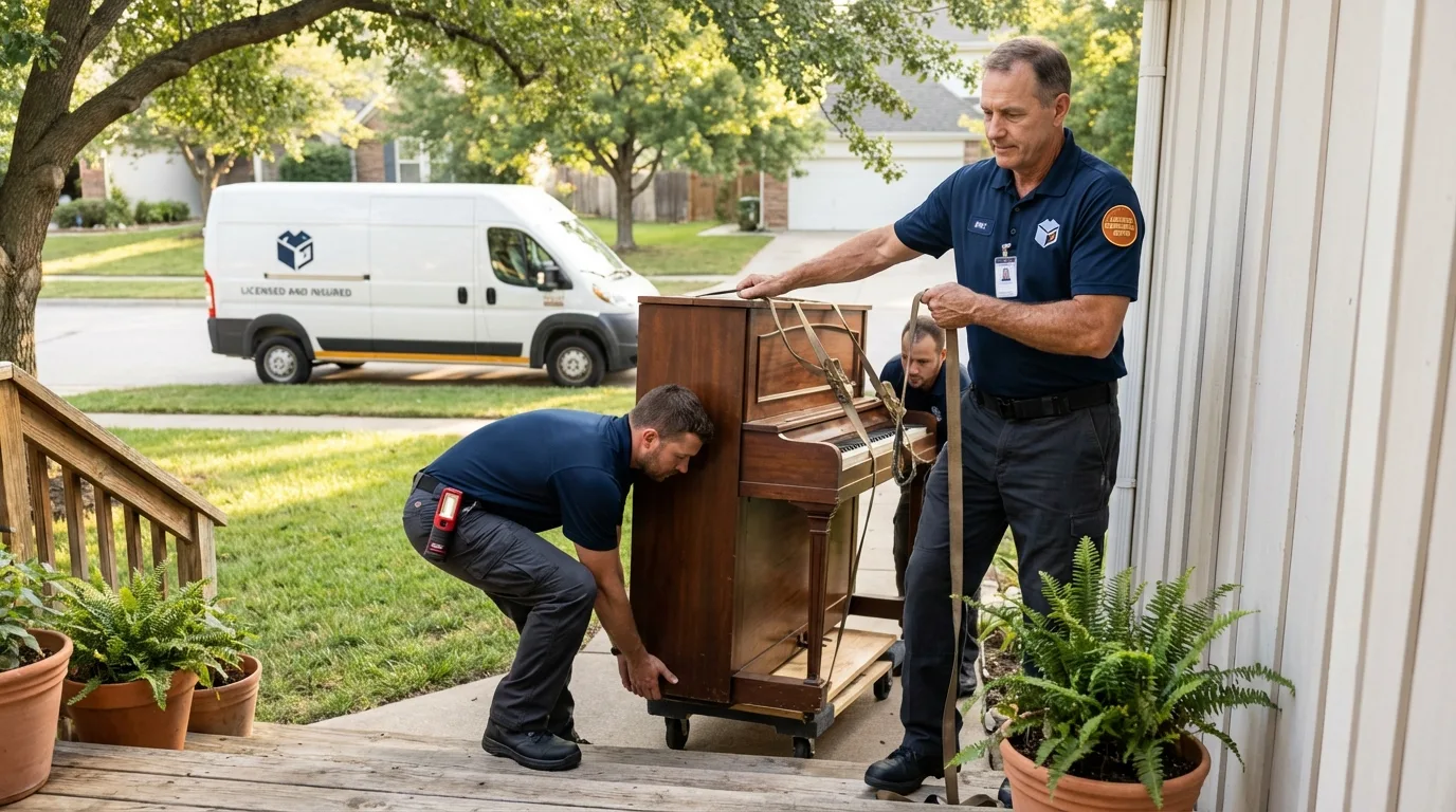Licensed piano movers securing grand piano in Independence, OH