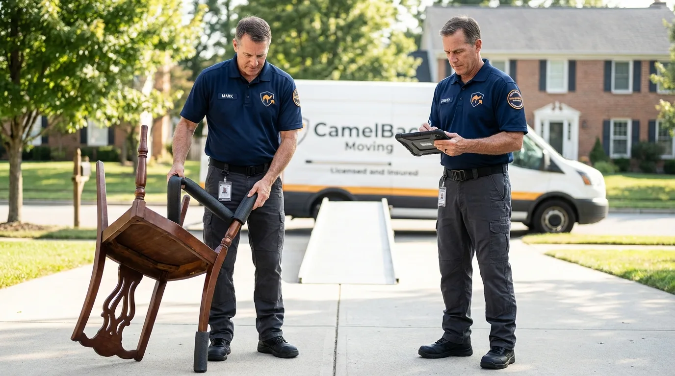 Movers inspecting furniture for damage prevention before loading in Independence, OH